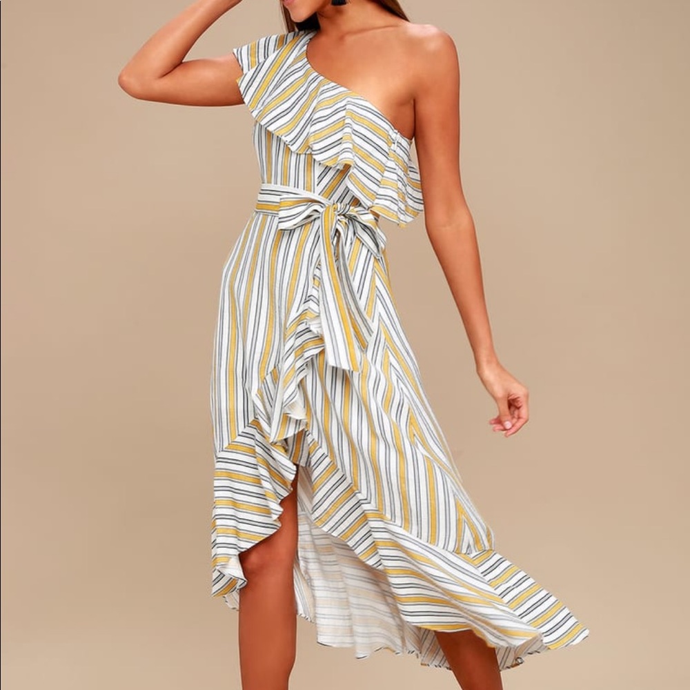Lulus high tide yellow striped one shoulder midi dress